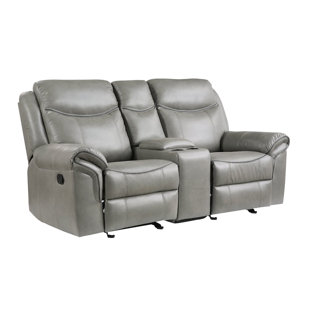 Aram Faux Leather Double Glider Reclining Love Seat With Center Console In Gray. Picture 1