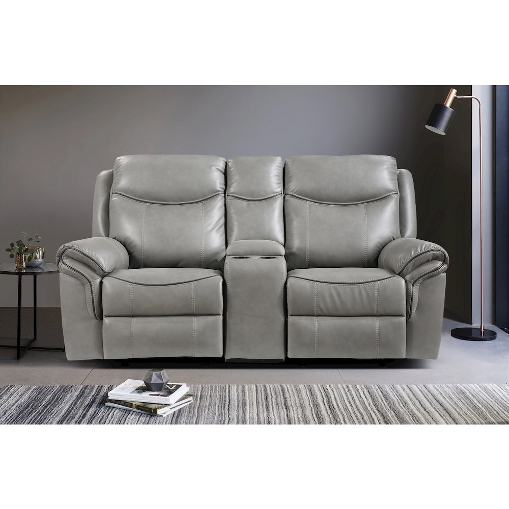 Aram Faux Leather Double Glider Reclining Love Seat With Center Console In Gray. Picture 2