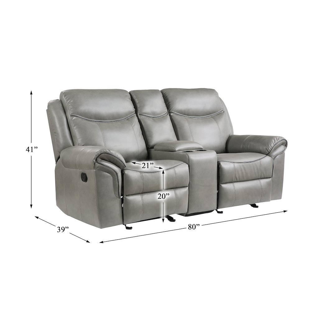 Aram Faux Leather Double Glider Reclining Love Seat With Center Console In Gray. Picture 4
