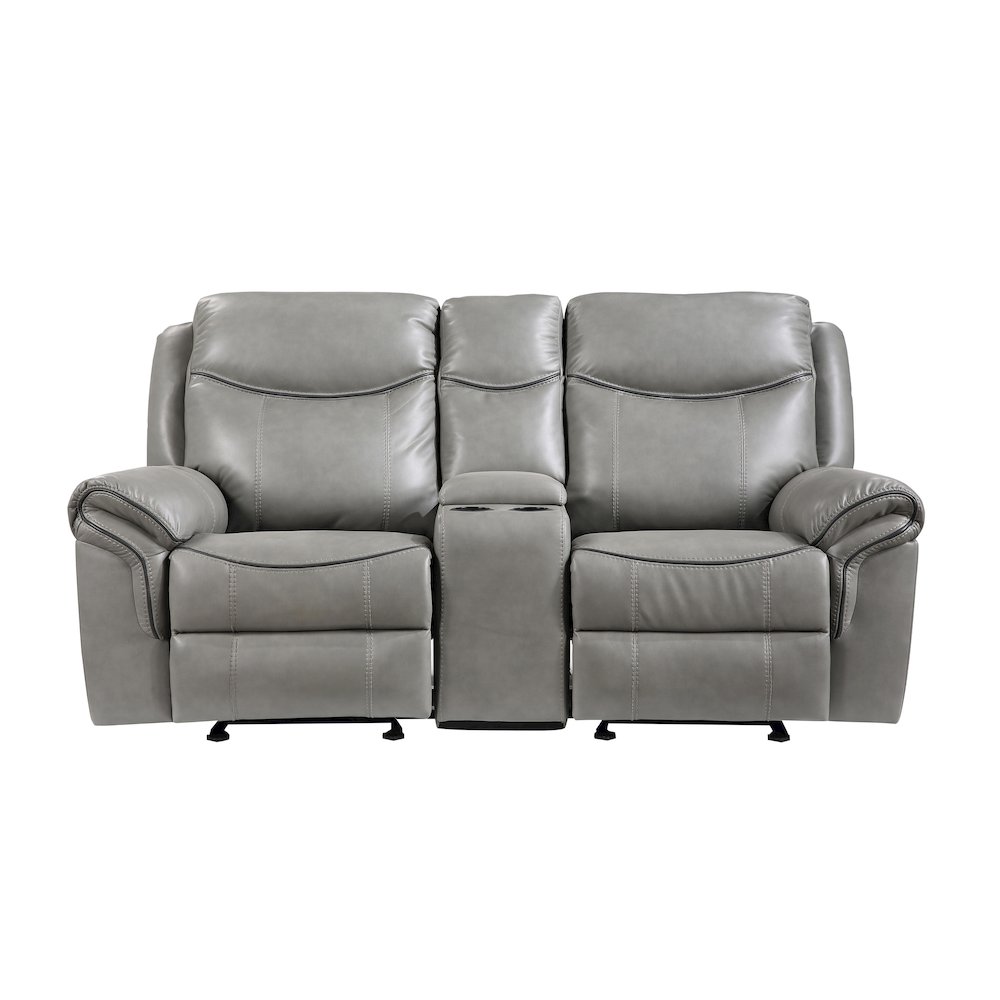 Aram Faux Leather Double Glider Reclining Love Seat With Center Console In Gray. Picture 5