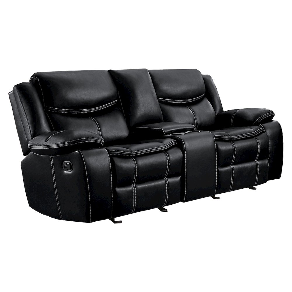 Bastrop Faux Leather Double Glider Reclining Loveseat In Black Leather. Picture 1