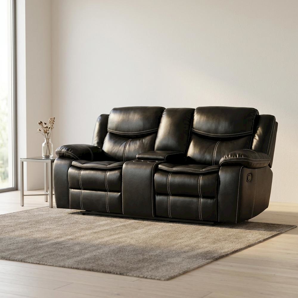 Faux Leather Double Glider Reclining Loveseat, Recliner Couch, Black. Picture 2