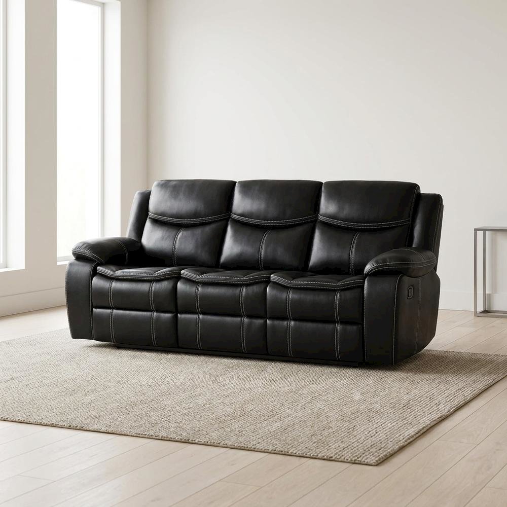 Faux Leather Double Glider Reclining Sofa and Recliner Couch, Black. Picture 2