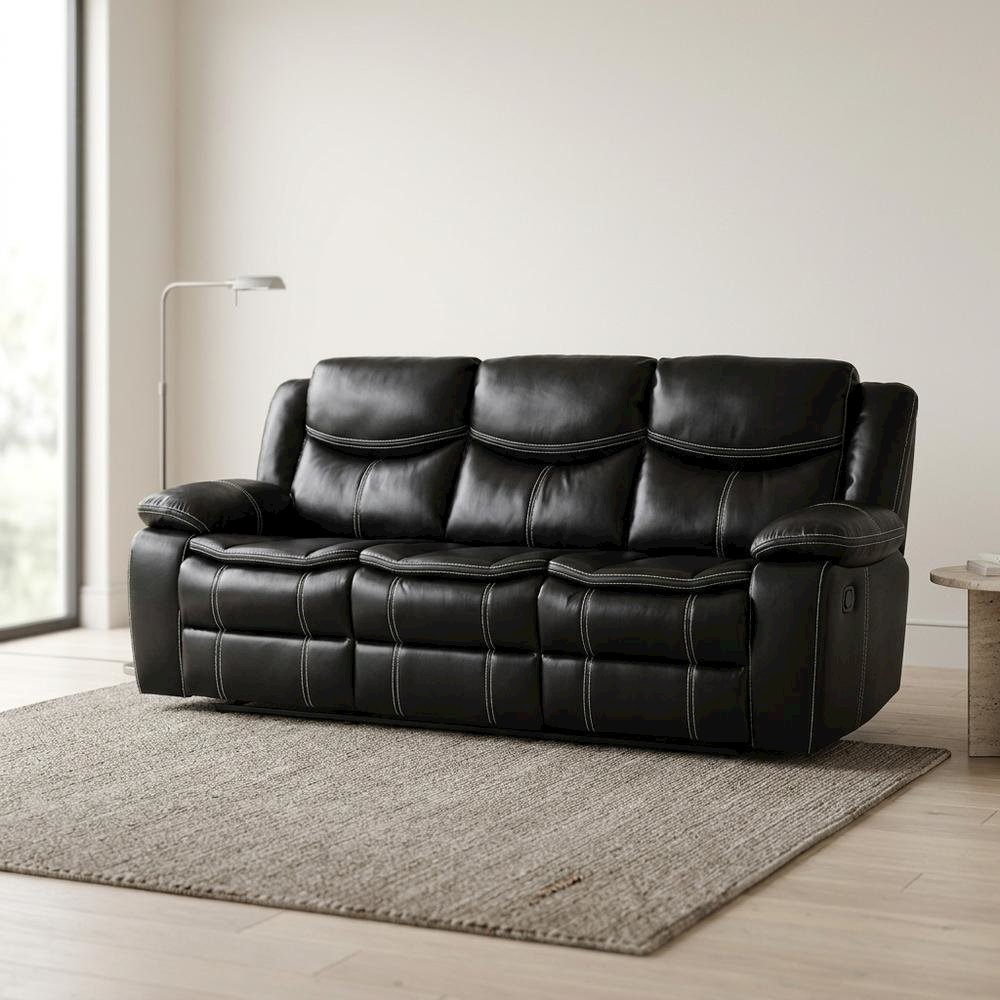 Faux Leather Double Glider Reclining Sofa and Recliner Couch, Black. Picture 4