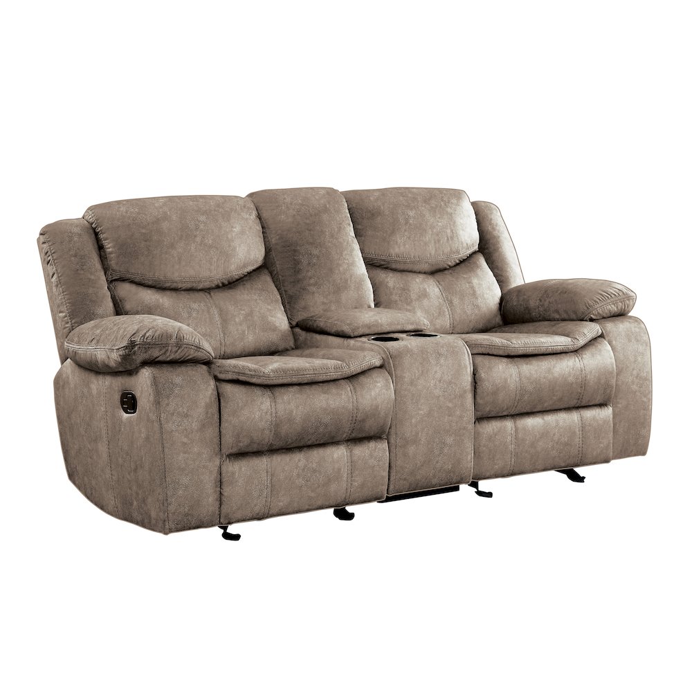 Bastrop Microfiber Double Glider Reclining Loveseat With Console In Brown. Picture 2