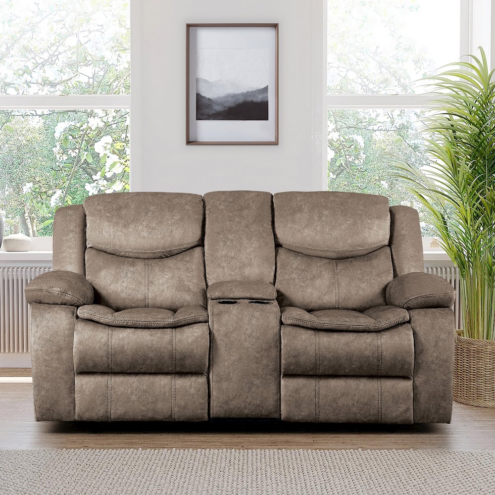 Bastrop Microfiber Double Glider Reclining Loveseat With Console In Brown. Picture 3