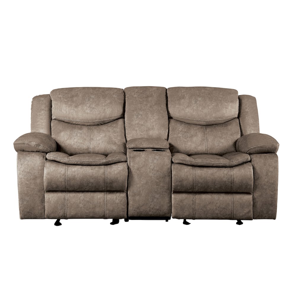Bastrop Microfiber Double Glider Reclining Loveseat With Console In Brown. Picture 1