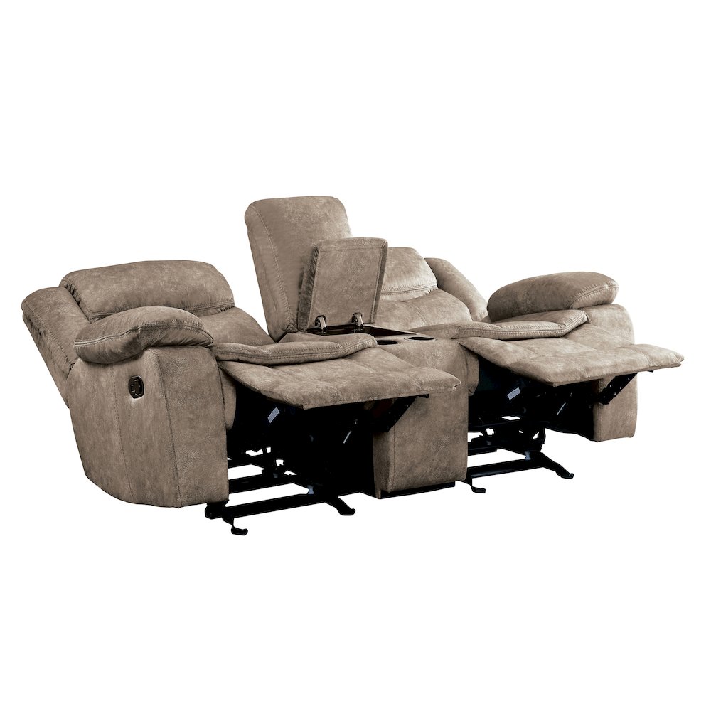 Bastrop Microfiber Double Glider Reclining Loveseat With Console In Brown. Picture 5