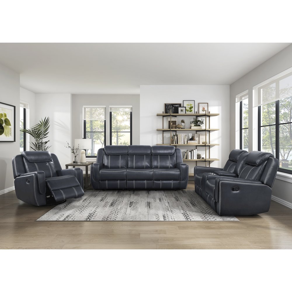Littleton Faux Leather Double Reclining Sofa In Blue. Picture 2