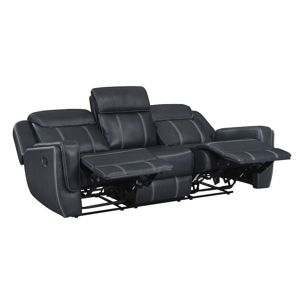 Littleton Faux Leather Double Reclining Sofa In Blue. Picture 5