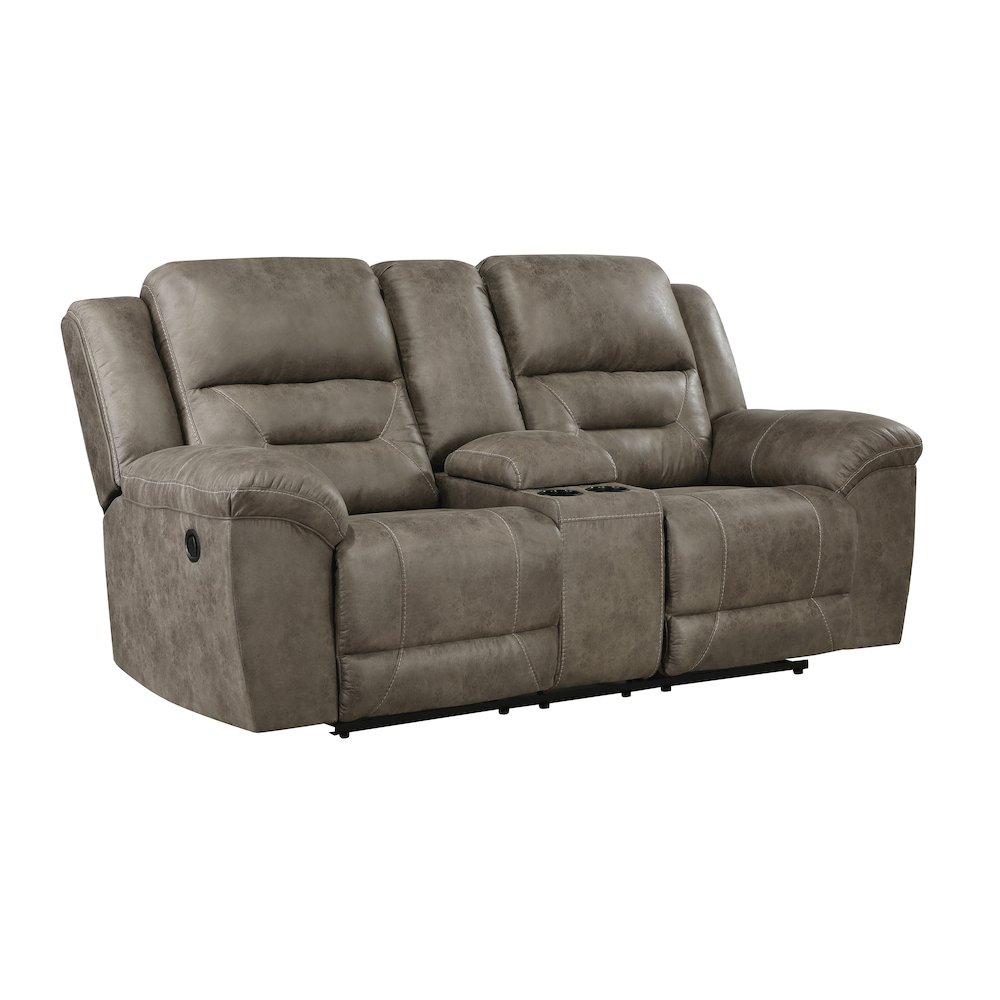 Hazen Microfiber Double Reclining Love Seat With Center Console In Brown. Picture 1