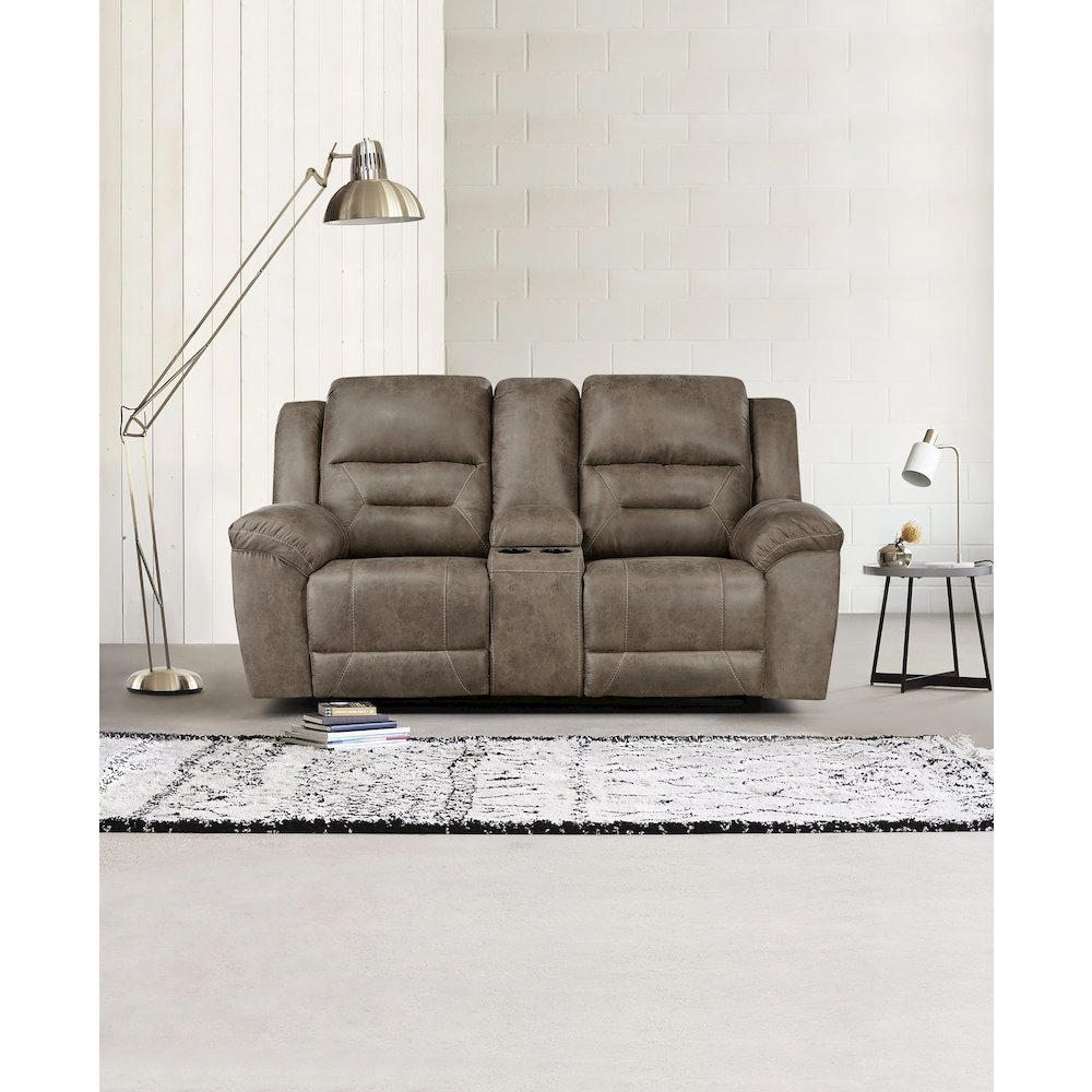 Hazen Microfiber Double Reclining Love Seat With Center Console In Brown. Picture 2