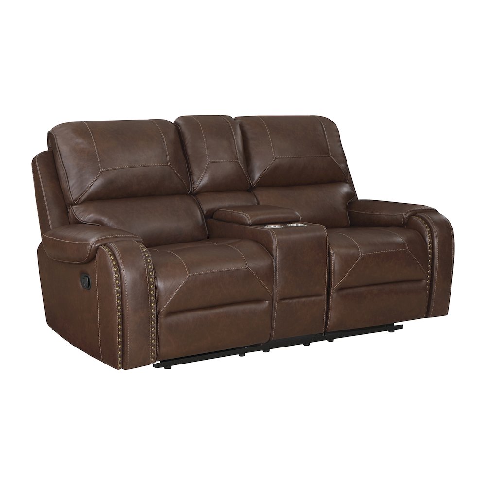 Newnan Faux Leather Double Glider Reclining Love Seat In Brown. Picture 1