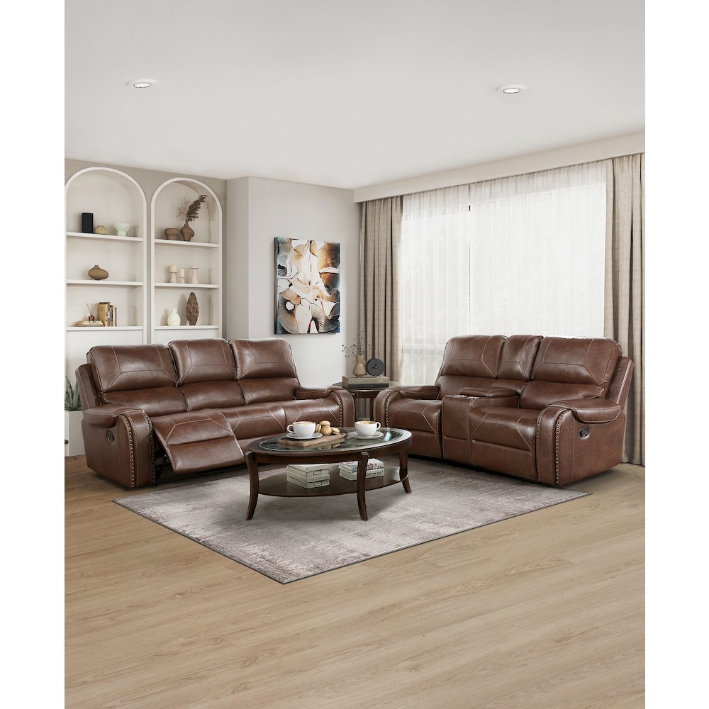 Newnan Faux Leather Double Reclining Sofa In Brown. Picture 2