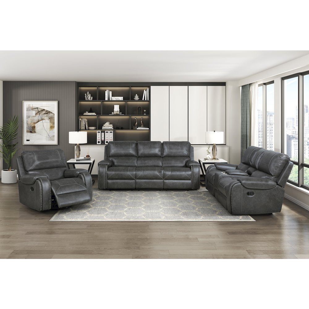 Lexicon Newnan Faux leather Double Glider Reclining Love Seat in Gray. Picture 2