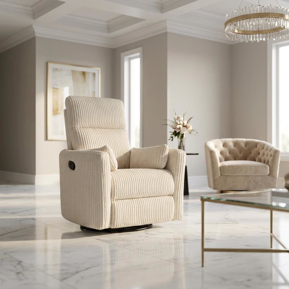 Corduroy Swivel Glider Recliner Chair for Living Room or Nursery, Beige. Picture 4