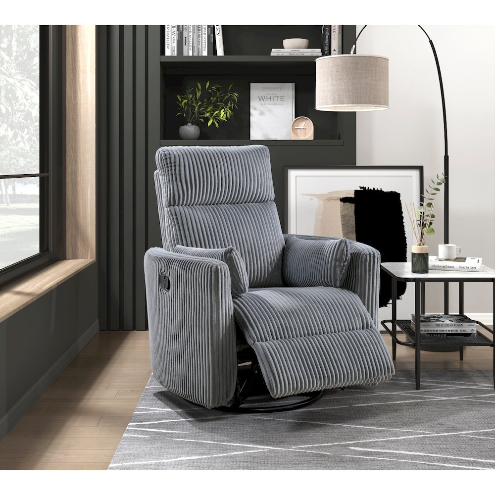 Lexicon Traverse Corduroy Swivel Glider Reclining Chair in Gray. Picture 2