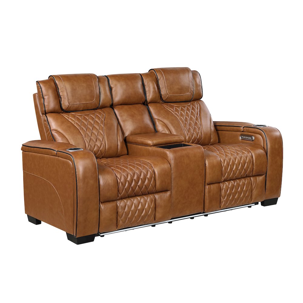 Apex Leather Pwr Double Reclining Love Seat with Center Console in Brown. Picture 1