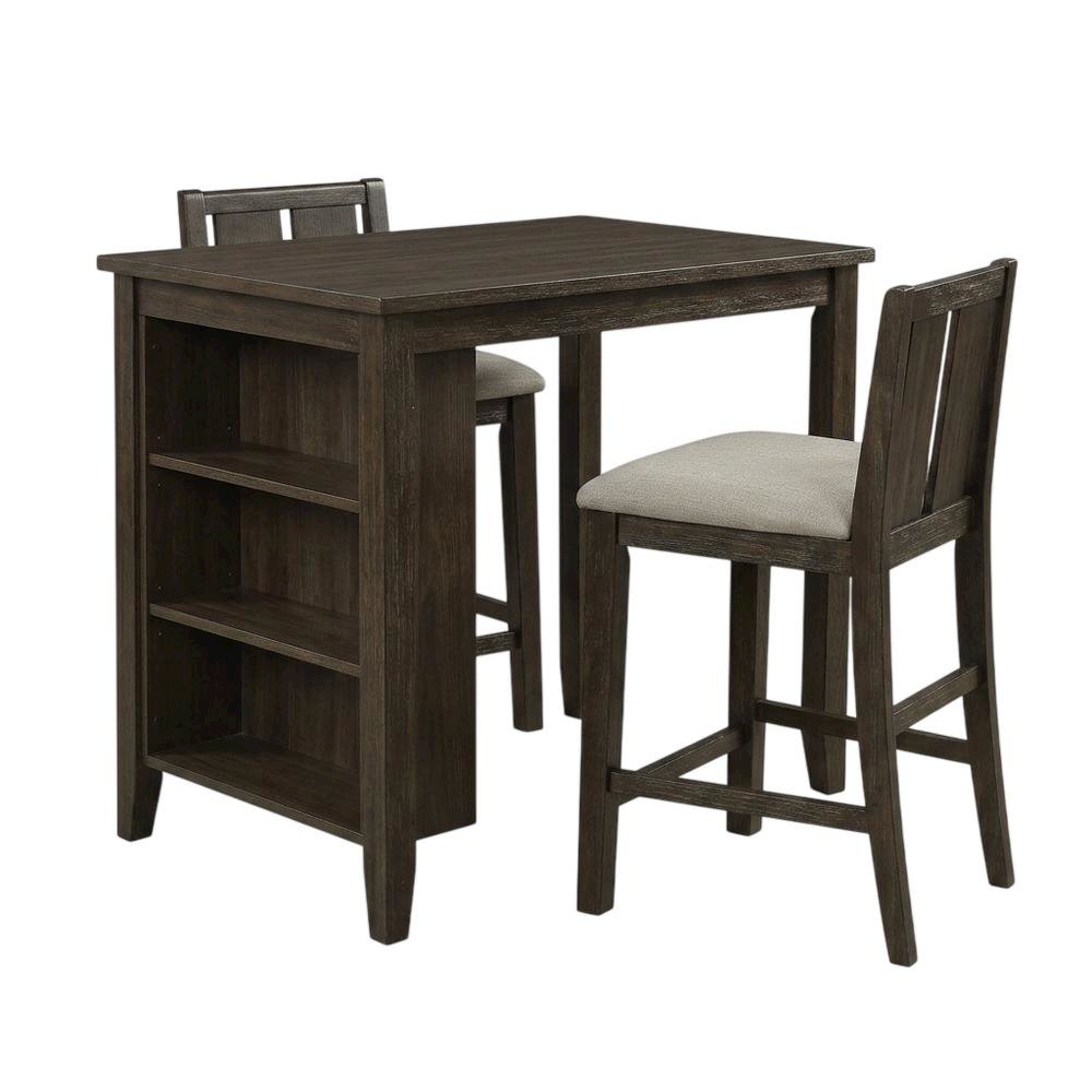 Wood Veneer Counter Height Dining Table Set with Bar Stools, Brown, Set of 3. Picture 1