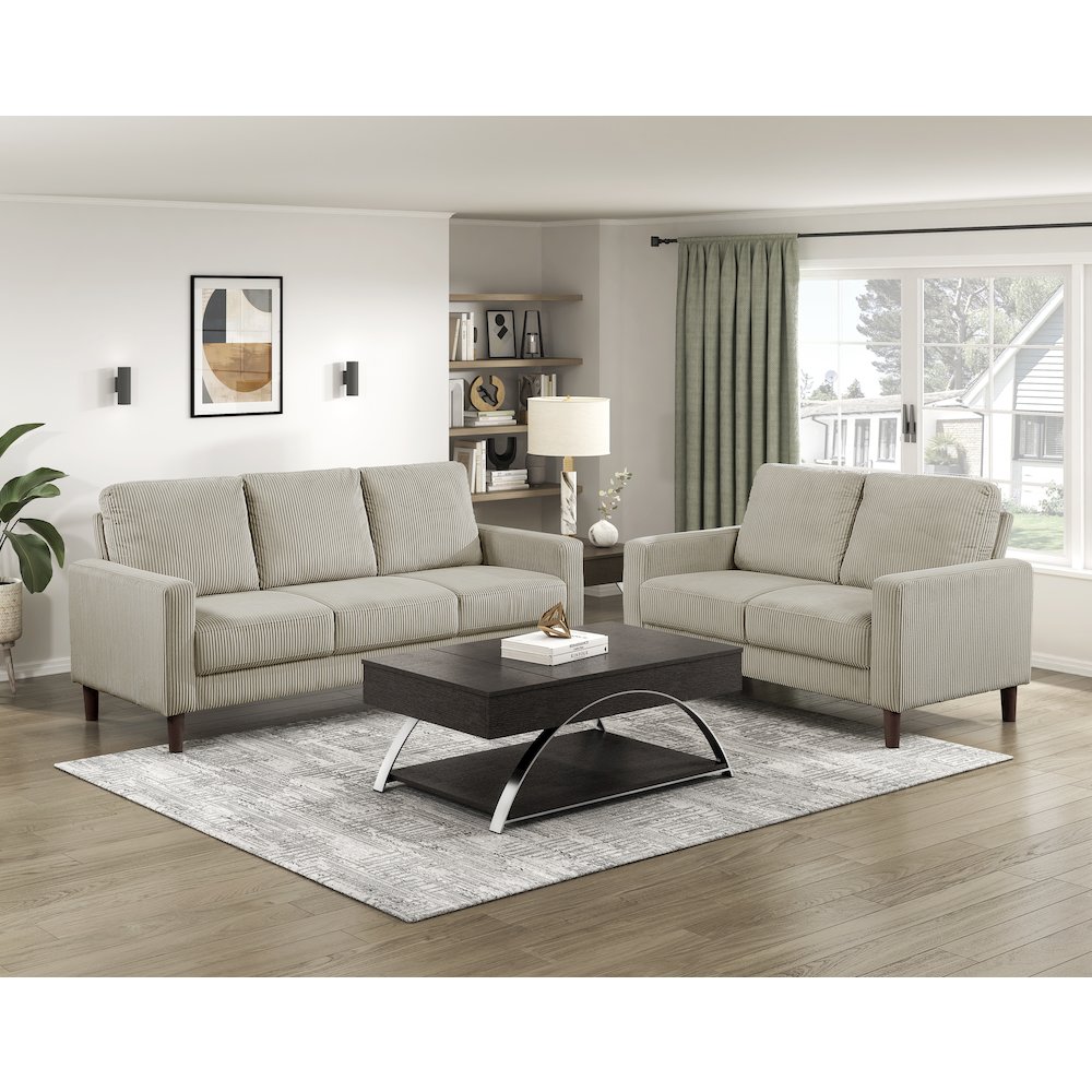 Crandall Corduroy Love Seat in Taupe. Picture 2
