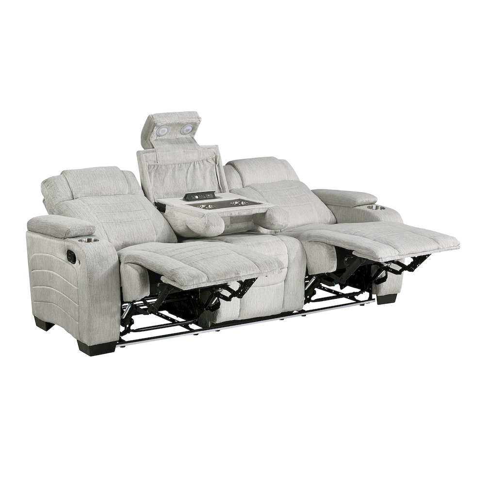 Ronan Microfiber Double Reclining Sofa with Storage Arms in Light Gray. Picture 6