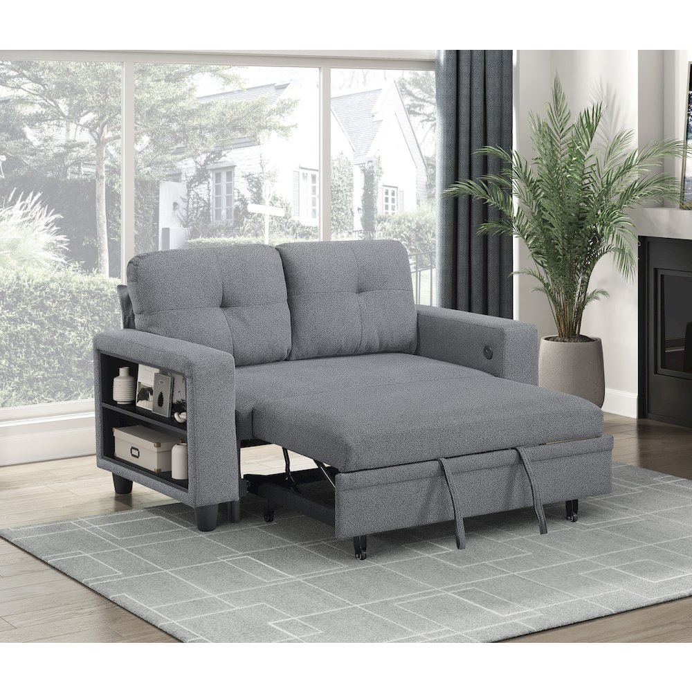 Robinson Boucle Love Seat with Pull-out Bed, Shelves in Gray. Picture 6
