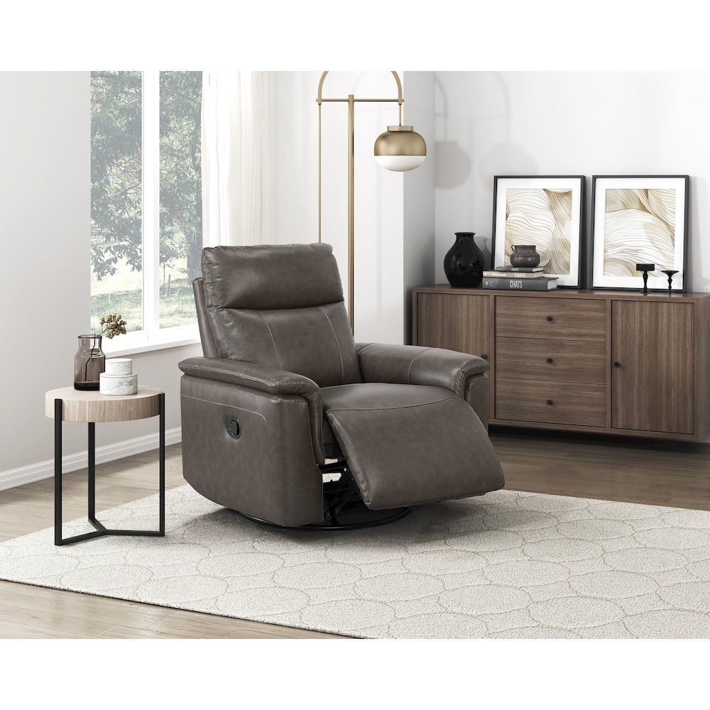 Hadley Leather Swivel Glider Reclining Chair in Dark Brown. Picture 2