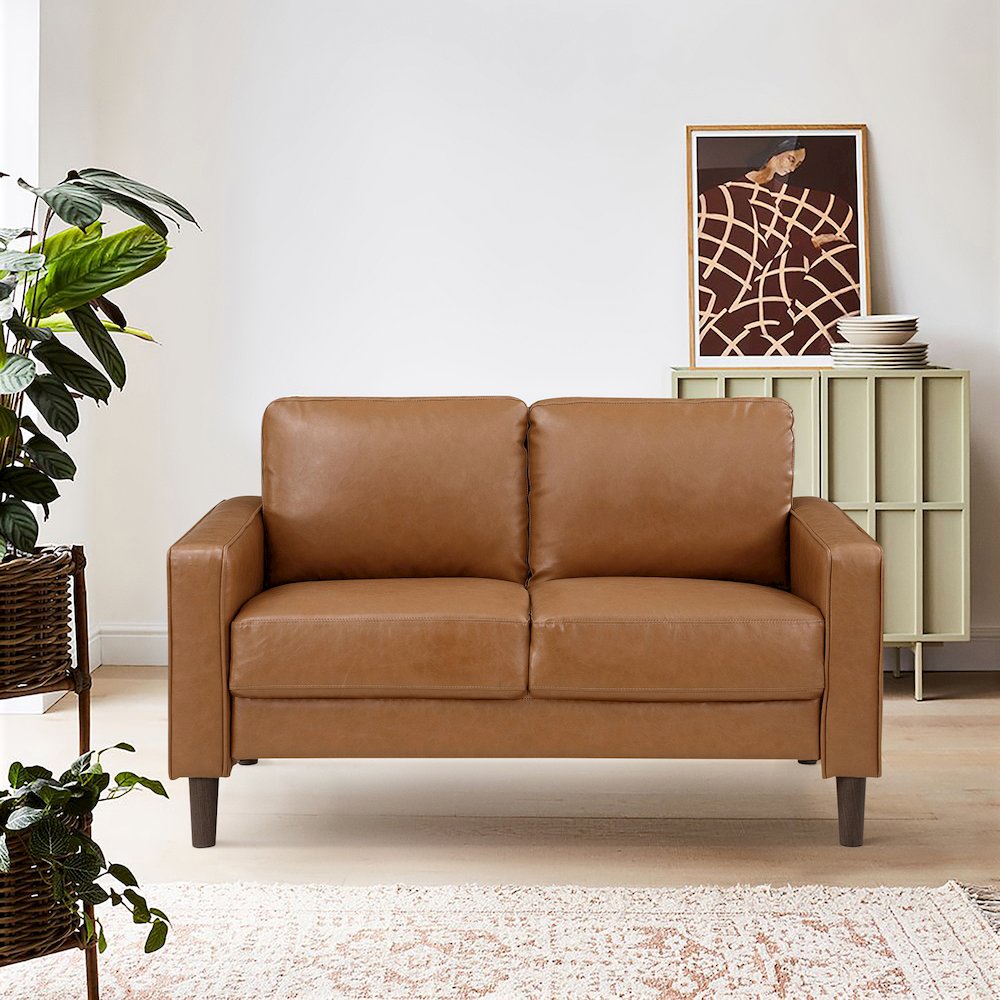 Malcolm Faux Leather Love Seat In Brown. Picture 2