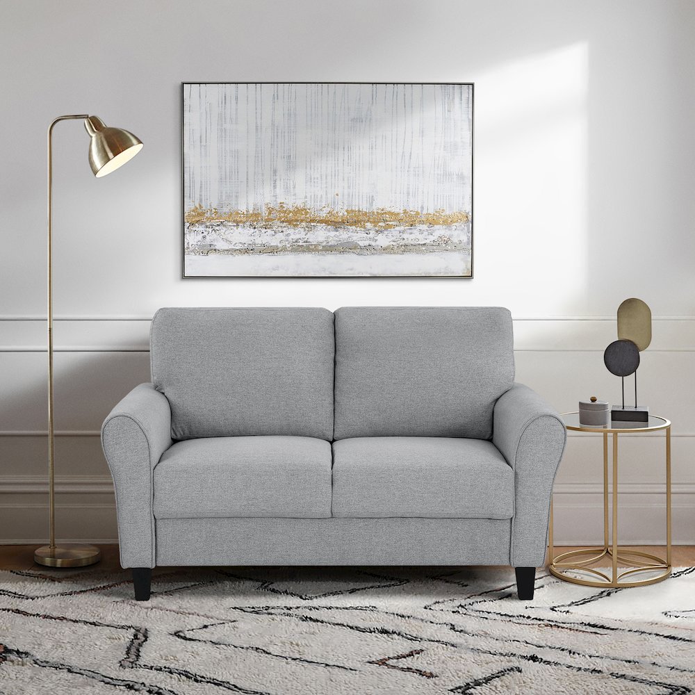 Ellery Textured Fabric Love Seat In Dark Gray. Picture 3