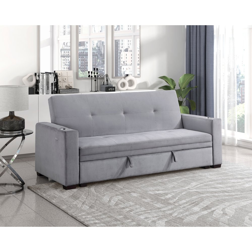Lexicon Grady Velvet Convertible Sofa with Hidden Storage and Cup Holders, Gray. Picture 2