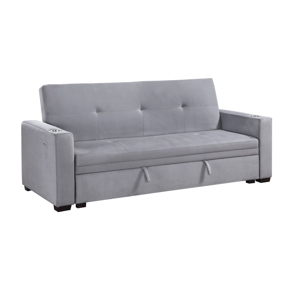 Lexicon Grady Velvet Convertible Sofa with Hidden Storage and Cup Holders, Gray. Picture 1