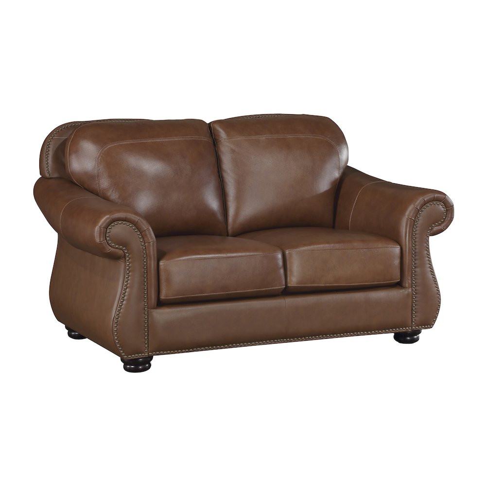 Attleboro Leather Love Seat In Camel Brown. Picture 1