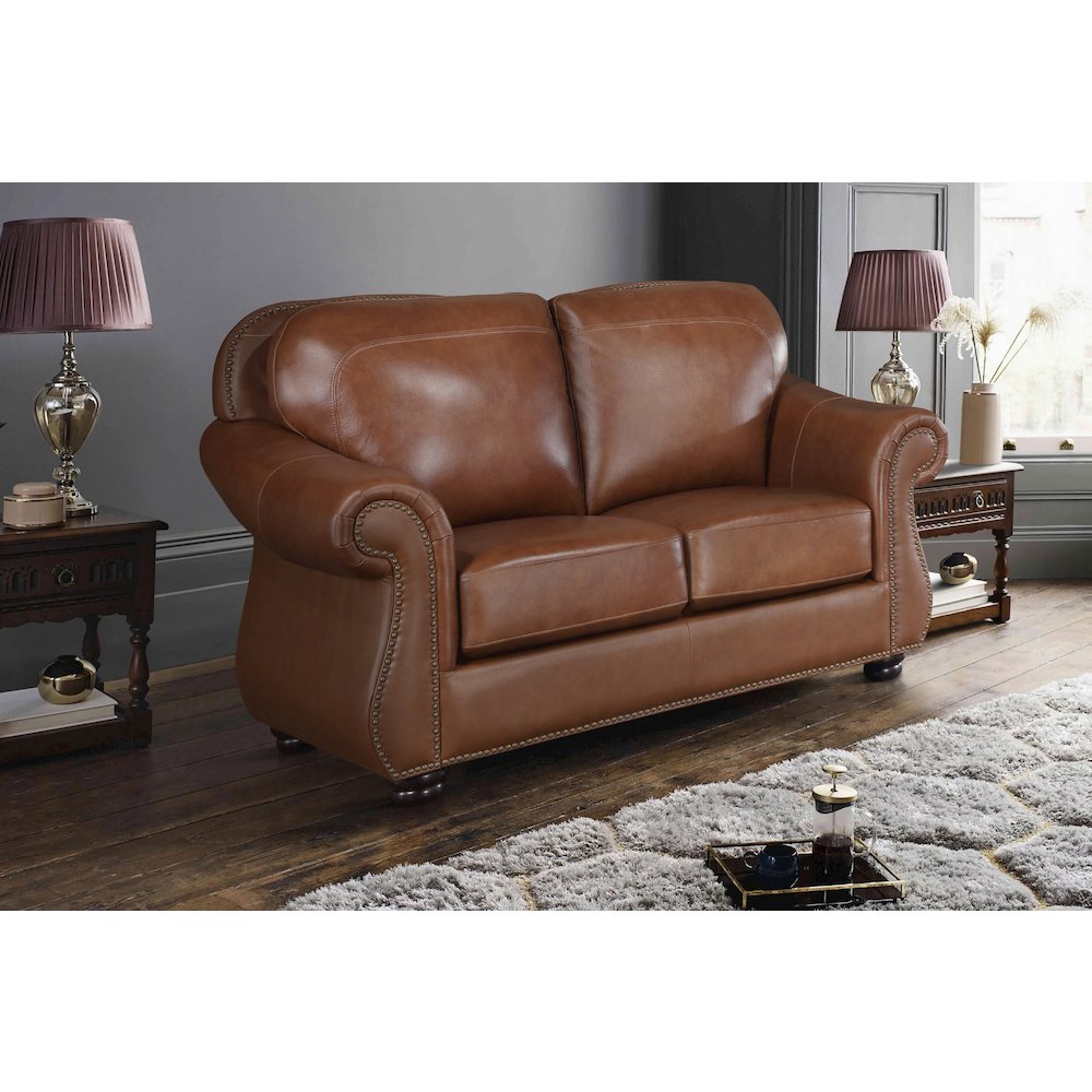 Attleboro Leather Love Seat In Camel Brown. Picture 2