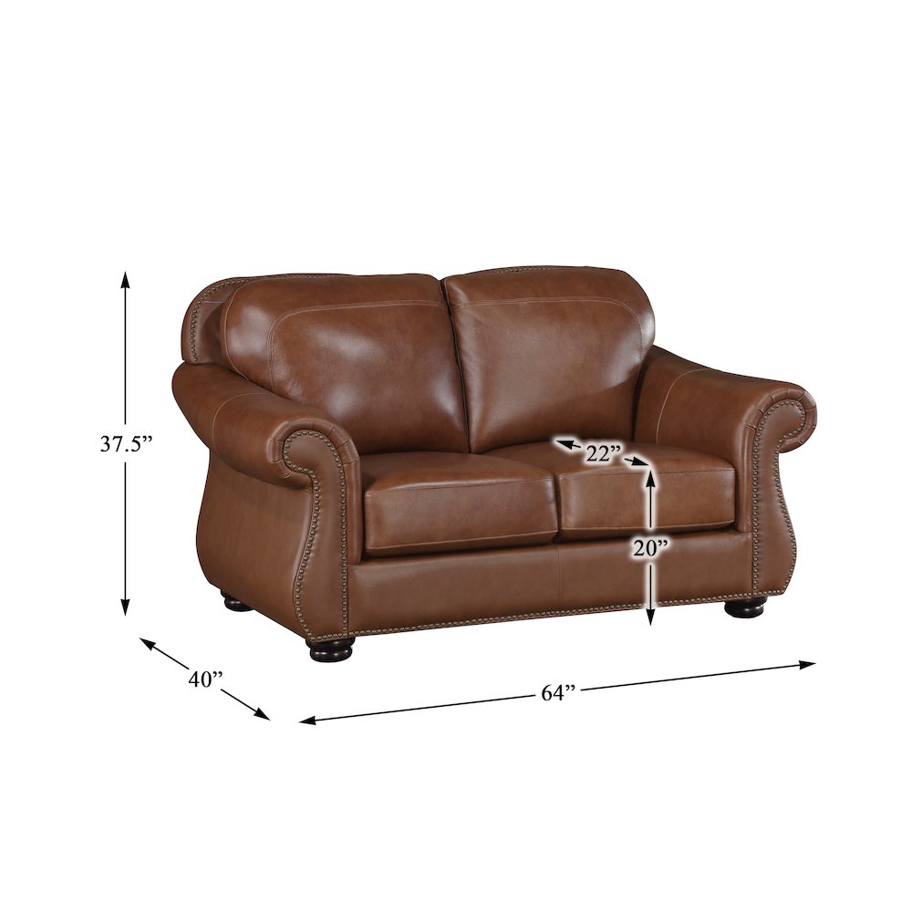 Attleboro Leather Love Seat In Camel Brown. Picture 4