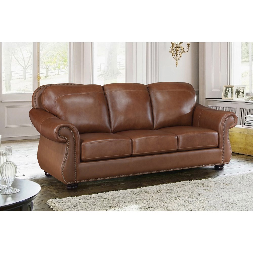 Attleboro Leather Sofa In Camel Brown. Picture 2