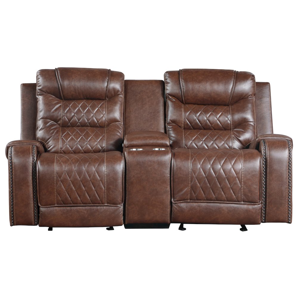 Putnam Faux Leather Double Glider Reclining Loveseat In Brown. Picture 7