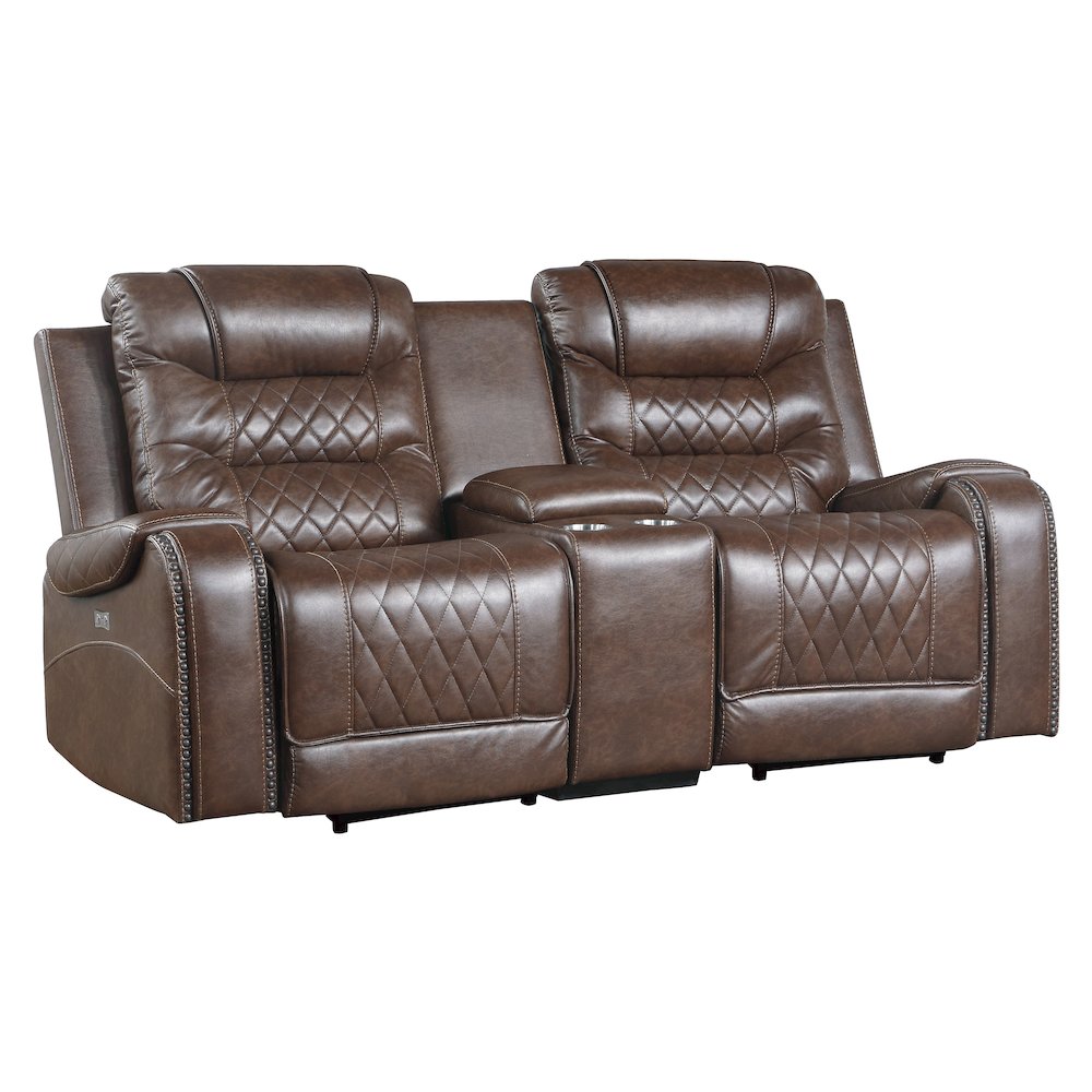 Putnam Faux Leather Double Glider Reclining Loveseat In Brown. Picture 1