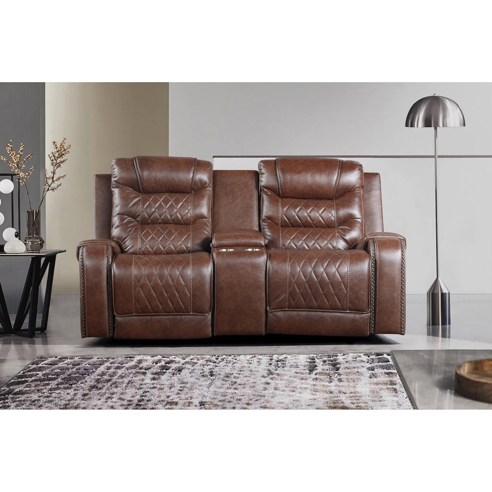 Putnam Faux Leather Double Glider Reclining Loveseat In Brown. Picture 2