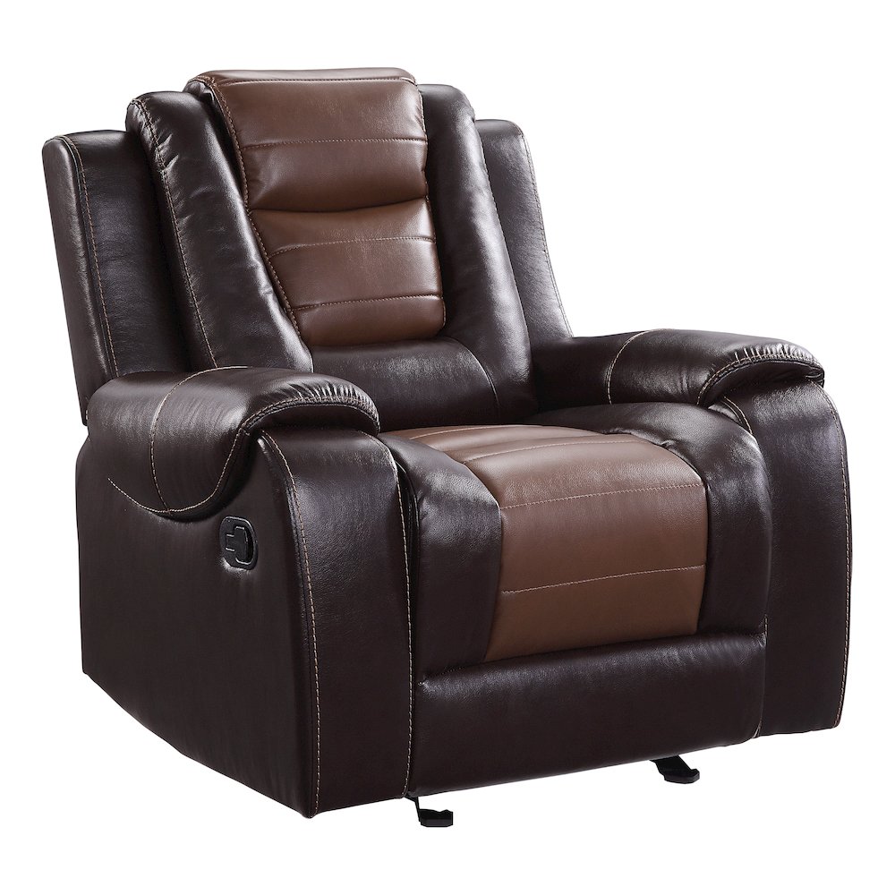 Briscoe Faux Leather Glider Reclining Chair In Light And Dark Brown. Picture 1