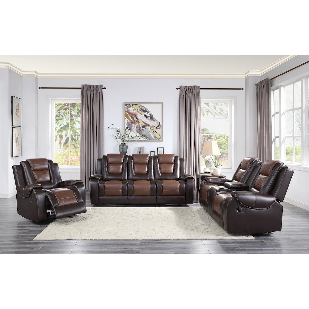 Briscoe Faux Leather Glider Reclining Chair In Light And Dark Brown. Picture 2
