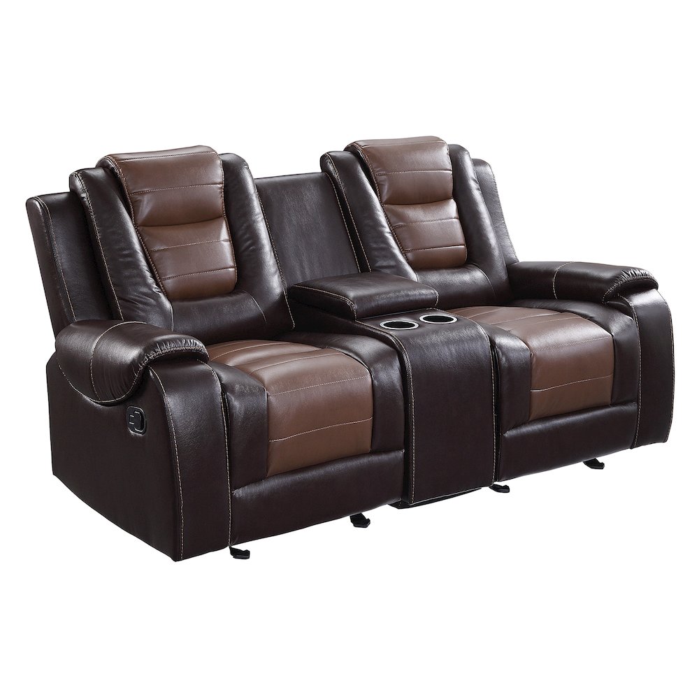 Briscoe Faux Leather Dbl Glidr Rclining Loveseat In Light And Dark Brown. Picture 1