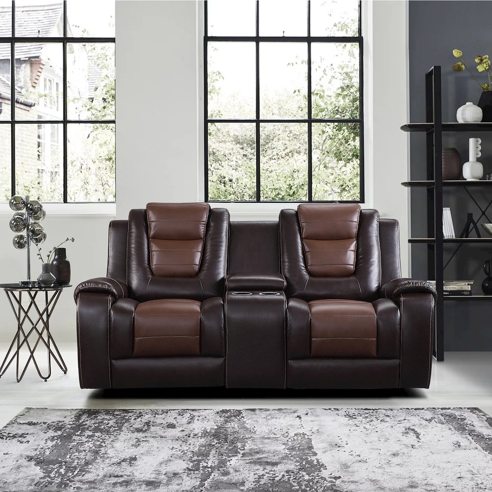 Briscoe Faux Leather Dbl Glidr Rclining Loveseat In Light And Dark Brown. Picture 2