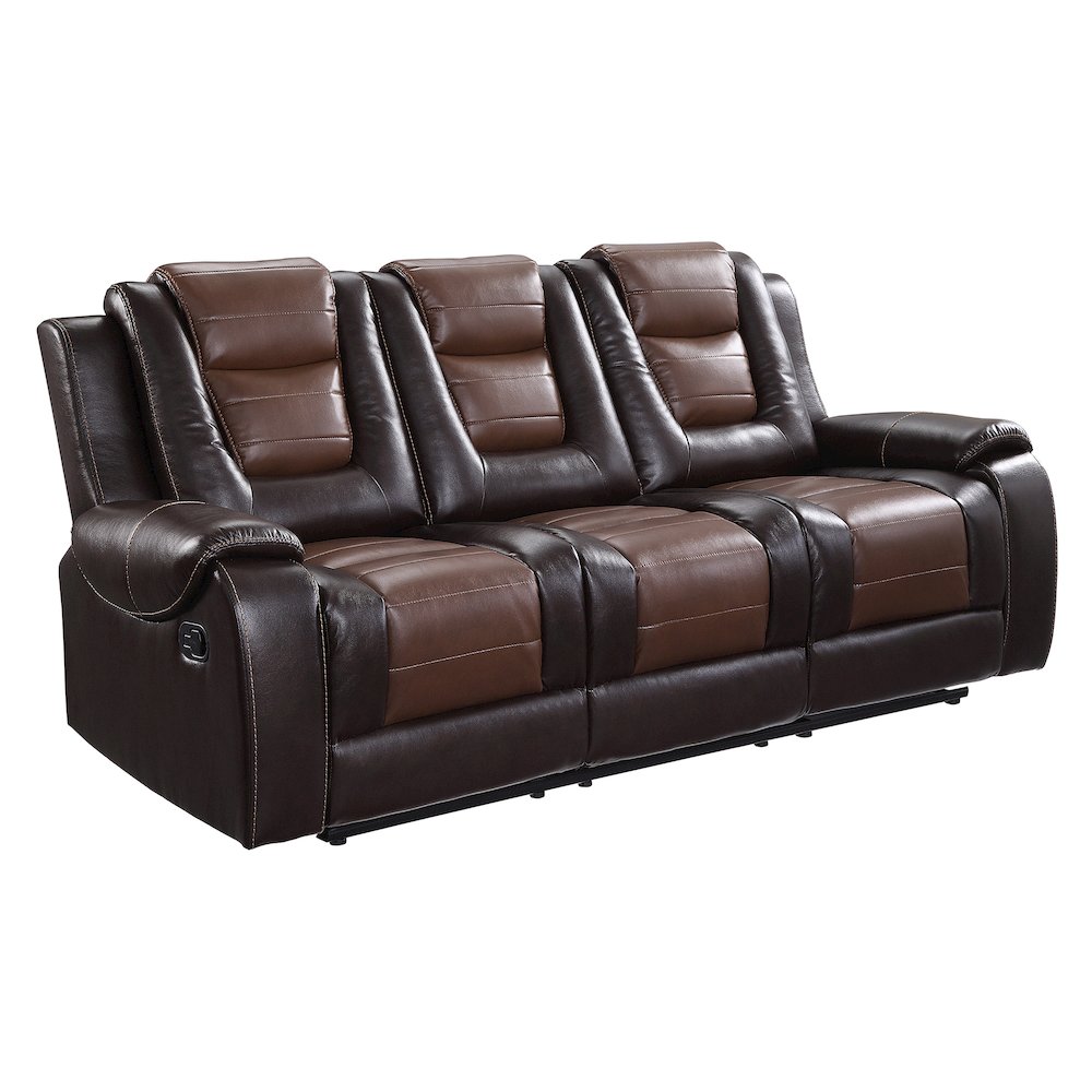 Briscoe Faux Leather Double Reclining Sofa  In Light And Dark Brown. Picture 1
