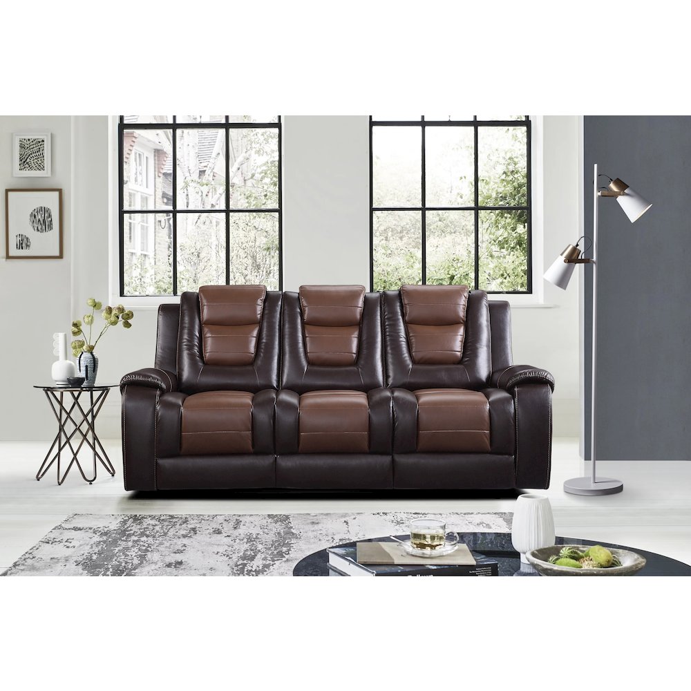 Briscoe Faux Leather Double Reclining Sofa  In Light And Dark Brown. Picture 2