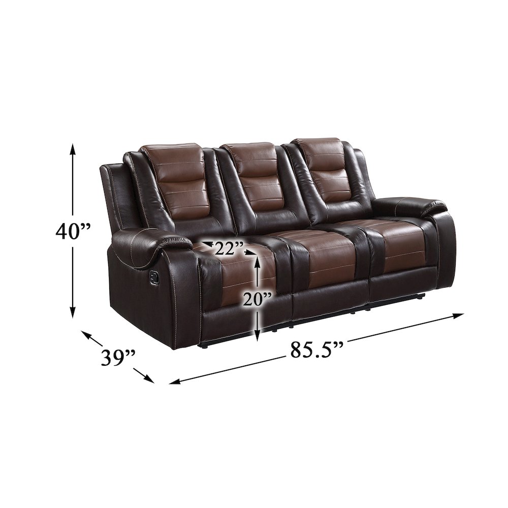 Briscoe Faux Leather Double Reclining Sofa  In Light And Dark Brown. Picture 3