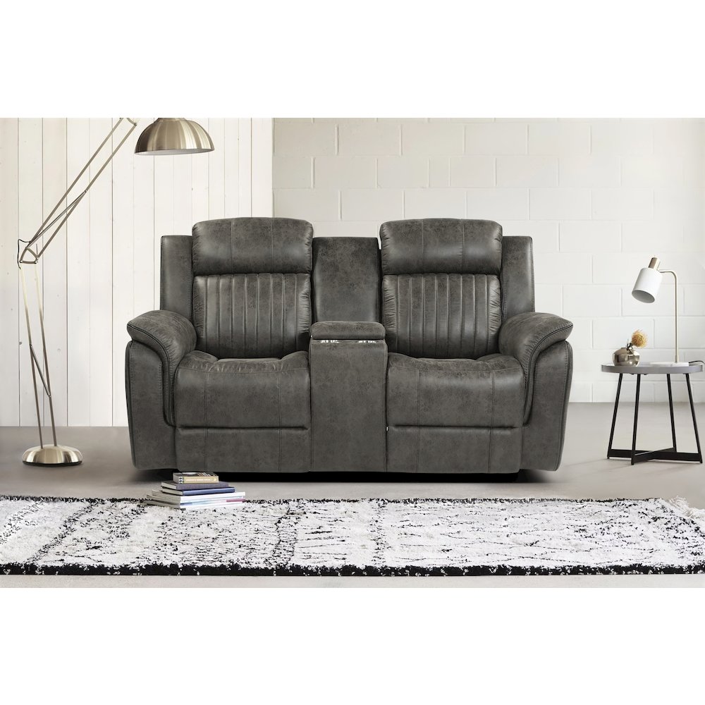 Centeroak Microfiber Double Reclining Loveseat In Brownish Gray. Picture 2