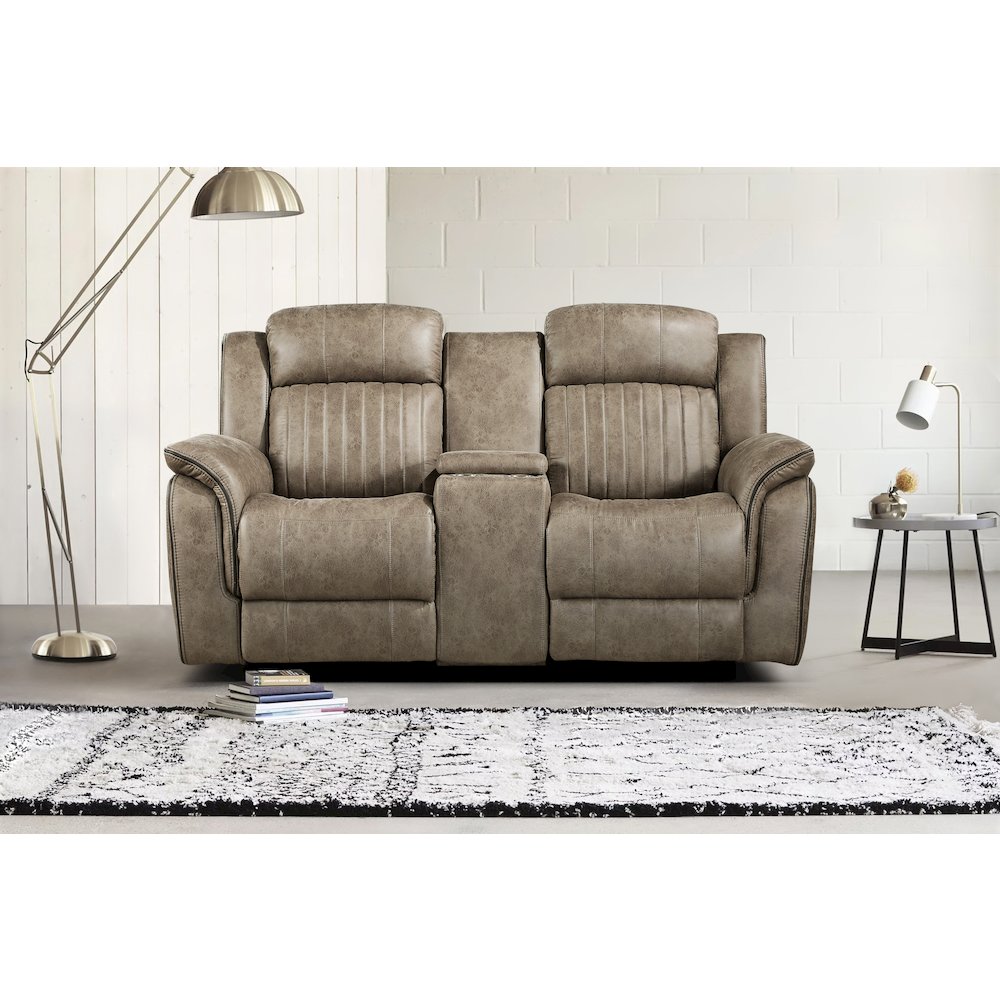 Centeroak Microfiber Double Reclining Loveseat In Sandy Brown. Picture 2