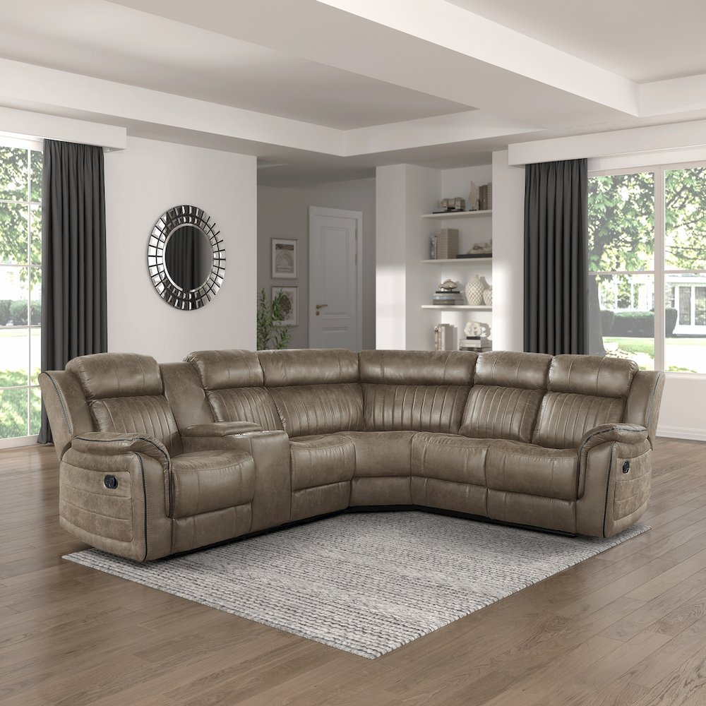 Centeroak Microfiber 3-Piece Reclining Sectional In Dark Brown. Picture 2