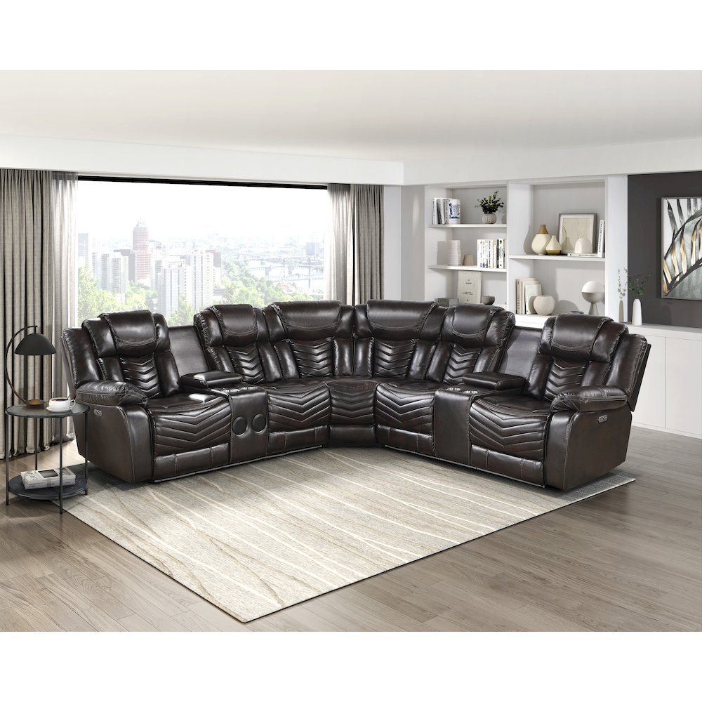 Lexicon Ramone Faux leather 3-Piece Sectional with Consoles in Dark Brown. Picture 3