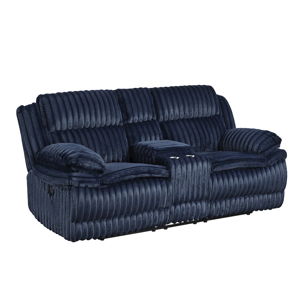 Lexicon Goodland Corduroy Double Reclining Love Seat with Center Console in Blue. Picture 1